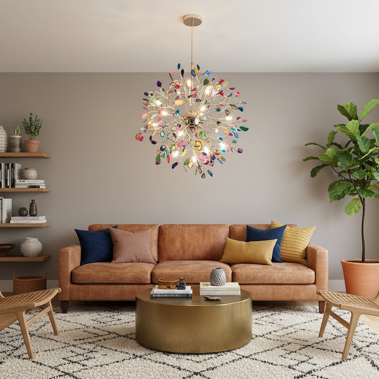 Multicolor Crystal Branch Chandelier in Gold Finish