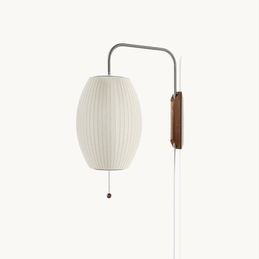 Mid-Century Plug-In Wall Light with Ribbed Shade and Wooden Backplate