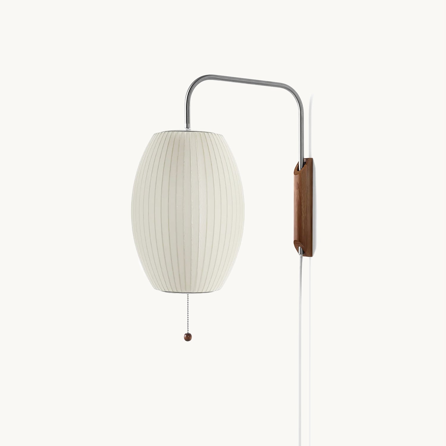 Mid-Century Plug-In Wall Light with Ribbed Shade and Wooden Backplate
