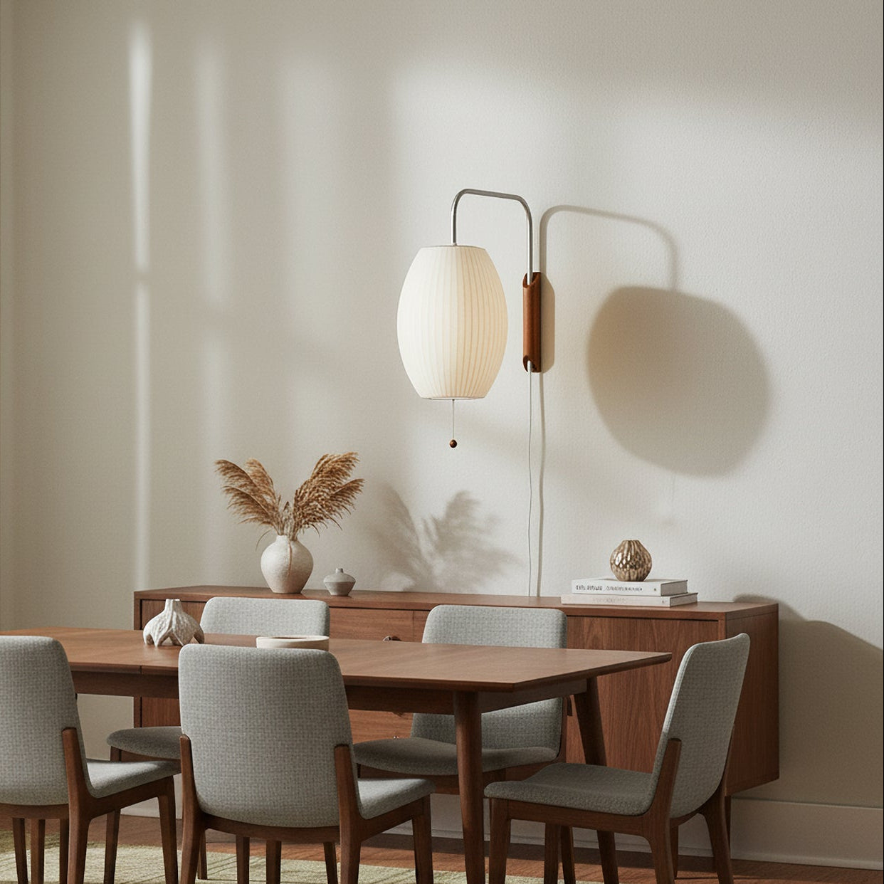 Mid-Century Plug-In Wall Light with Ribbed Shade and Wooden Backplate