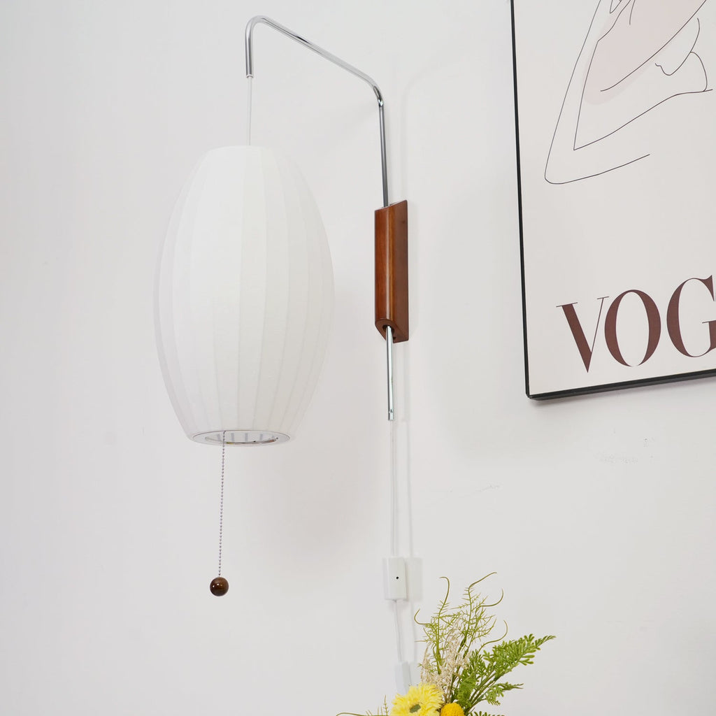 Mid-Century Plug-In Wall Light with Ribbed Shade and Wooden Backplate