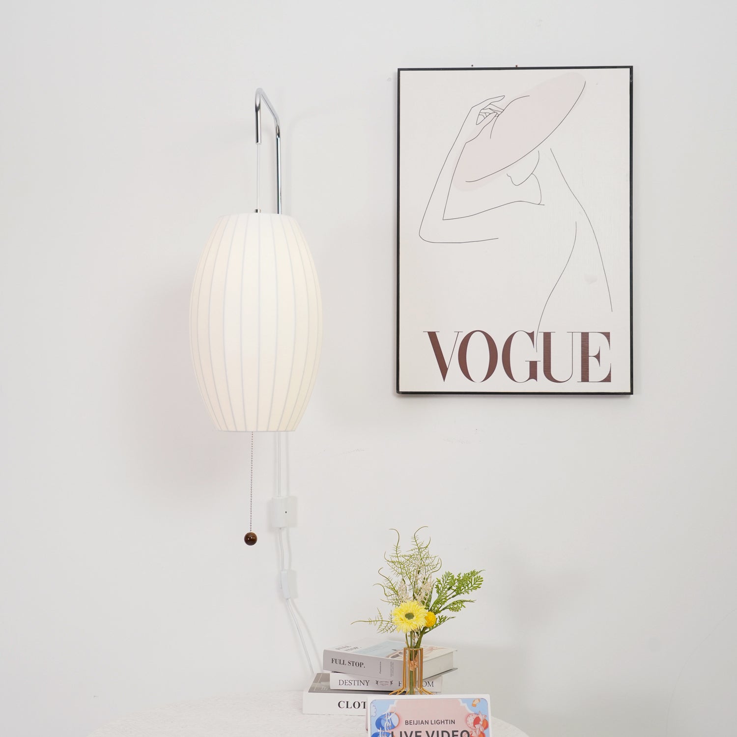 Mid-Century Plug-In Wall Light with Ribbed Shade and Wooden Backplate