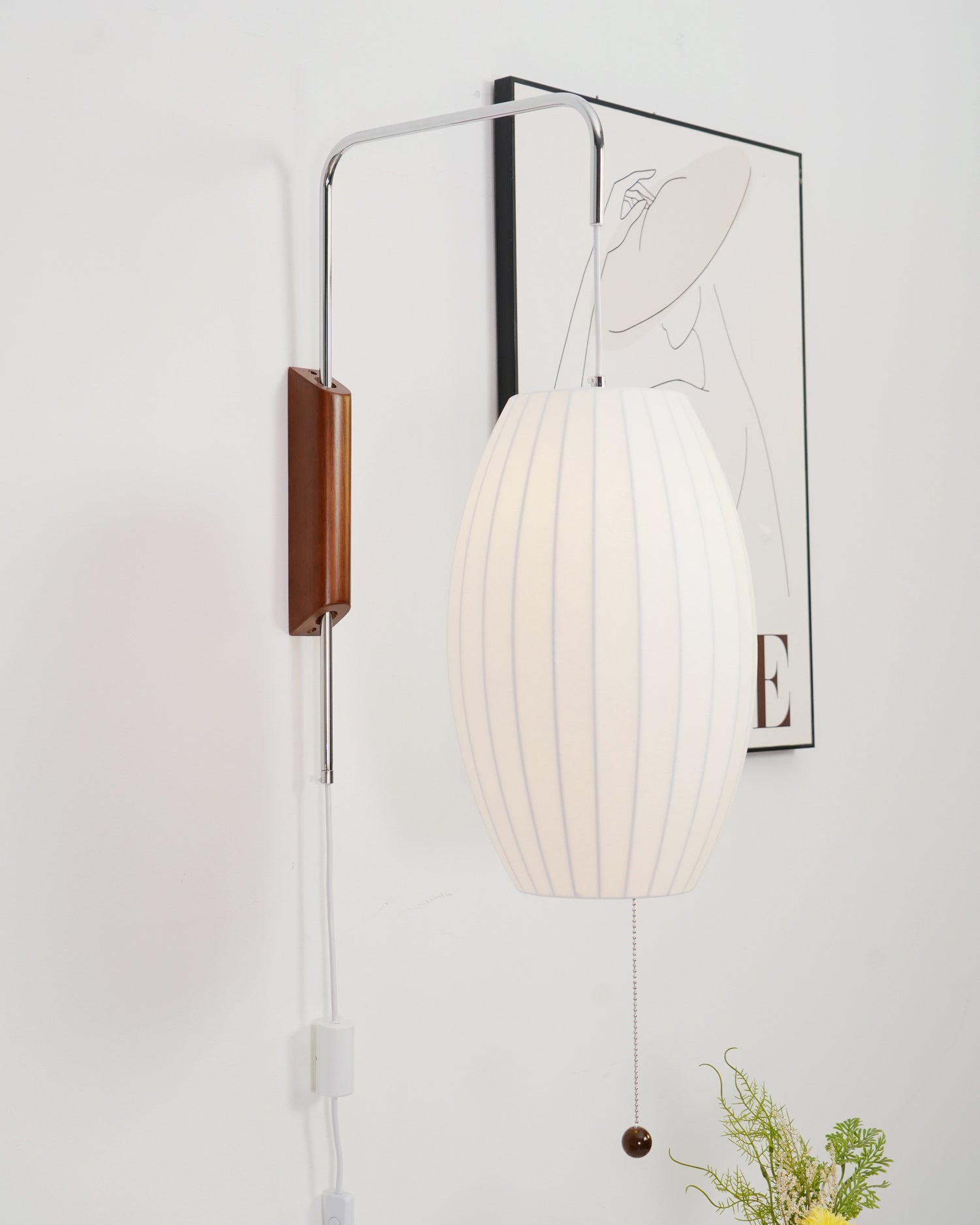 Mid-Century Plug-In Wall Light with Ribbed Shade and Wooden Backplate
