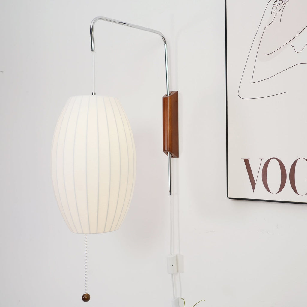 Mid-Century Plug-In Wall Light with Ribbed Shade and Wooden Backplate