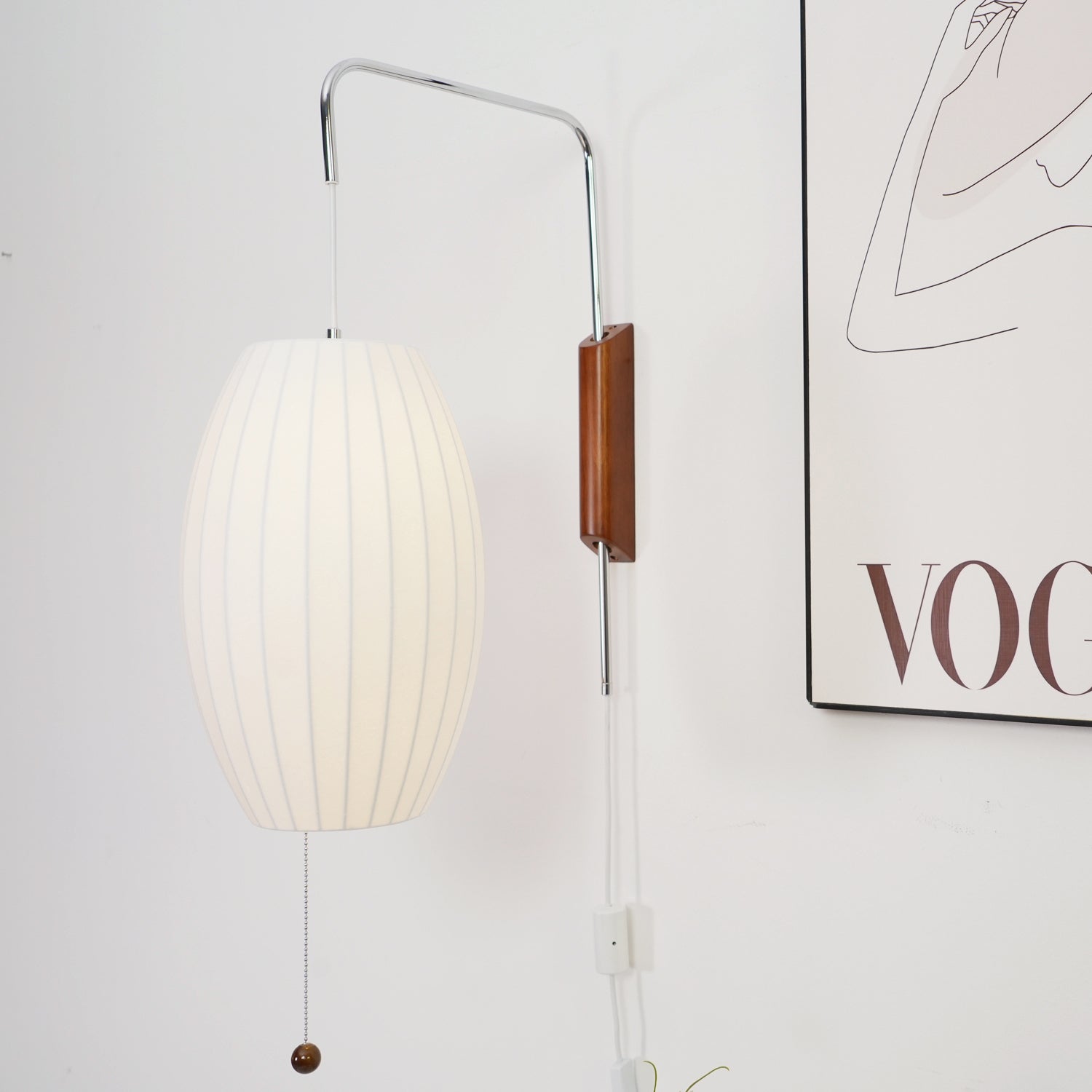 Mid-Century Plug-In Wall Light with Ribbed Shade and Wooden Backplate