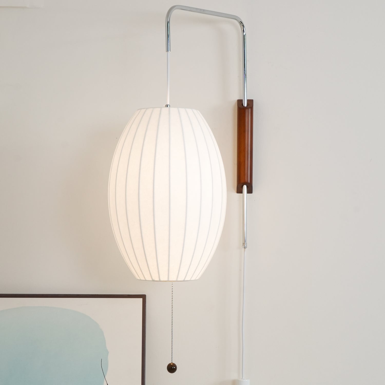 Mid-Century Plug-In Wall Light with Ribbed Shade and Wooden Backplate