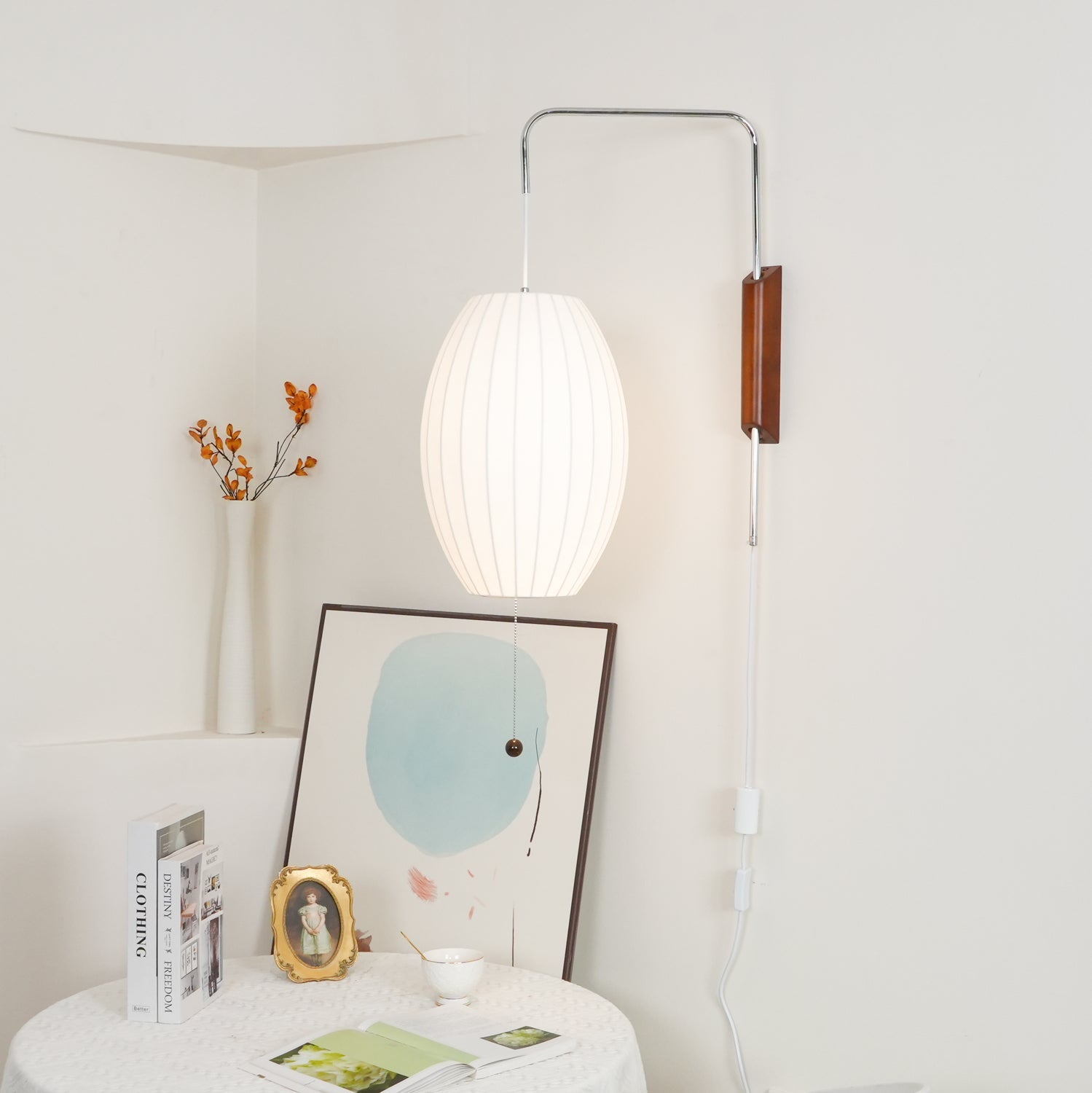 Mid-Century Plug-In Wall Light with Ribbed Shade and Wooden Backplate
