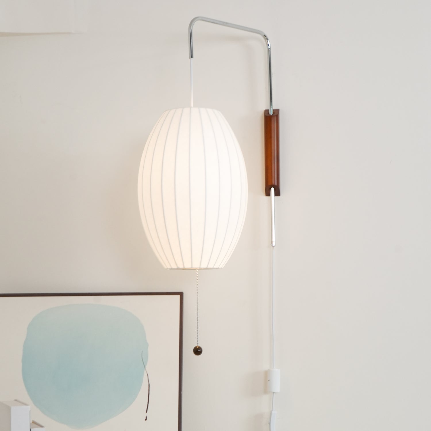 Mid-Century Plug-In Wall Light with Ribbed Shade and Wooden Backplate