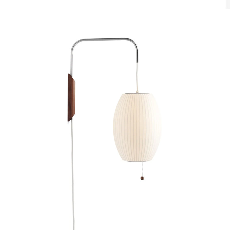 Mid-Century Plug-In Wall Light with Ribbed Shade and Wooden Backplate