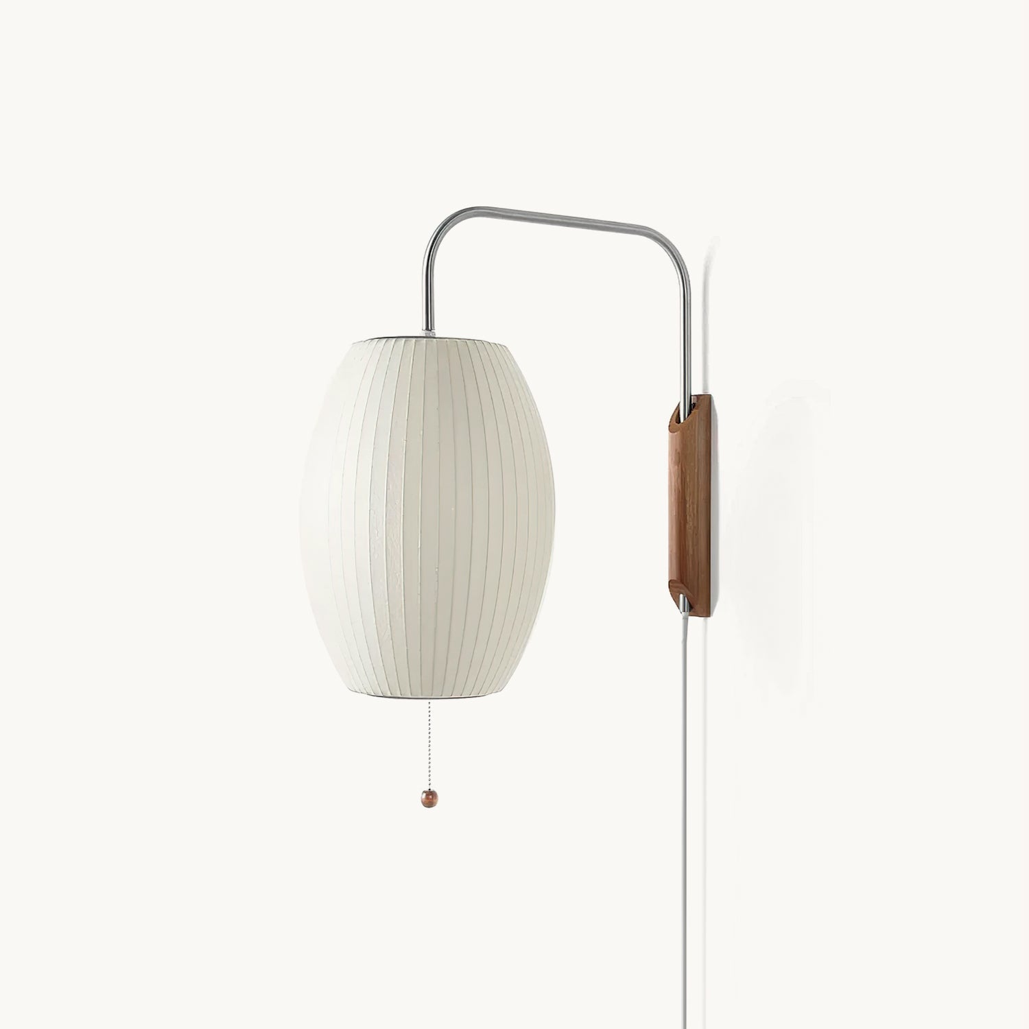 Mid-Century Plug-In Wall Light with Ribbed Shade and Wooden Backplate