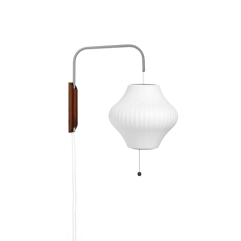 Mid-Century Plug-In Wall Light with Ribbed Shade and Wooden Backplate