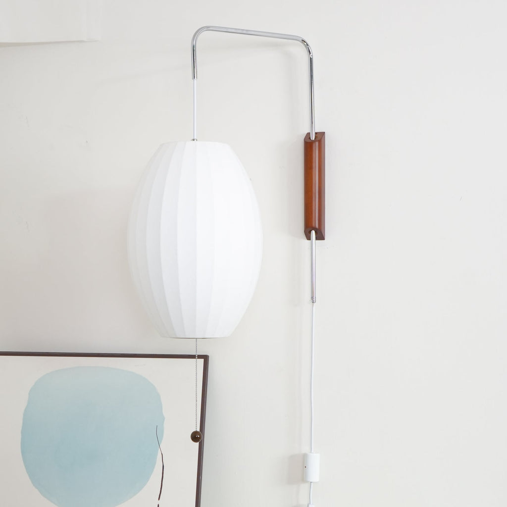 Mid-Century Plug-In Wall Light with Ribbed Shade and Wooden Backplate