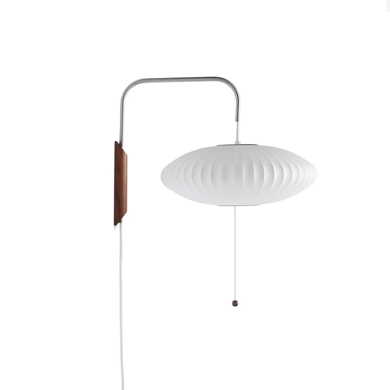 Mid-Century Plug-In Wall Light with Ribbed Shade and Wooden Backplate