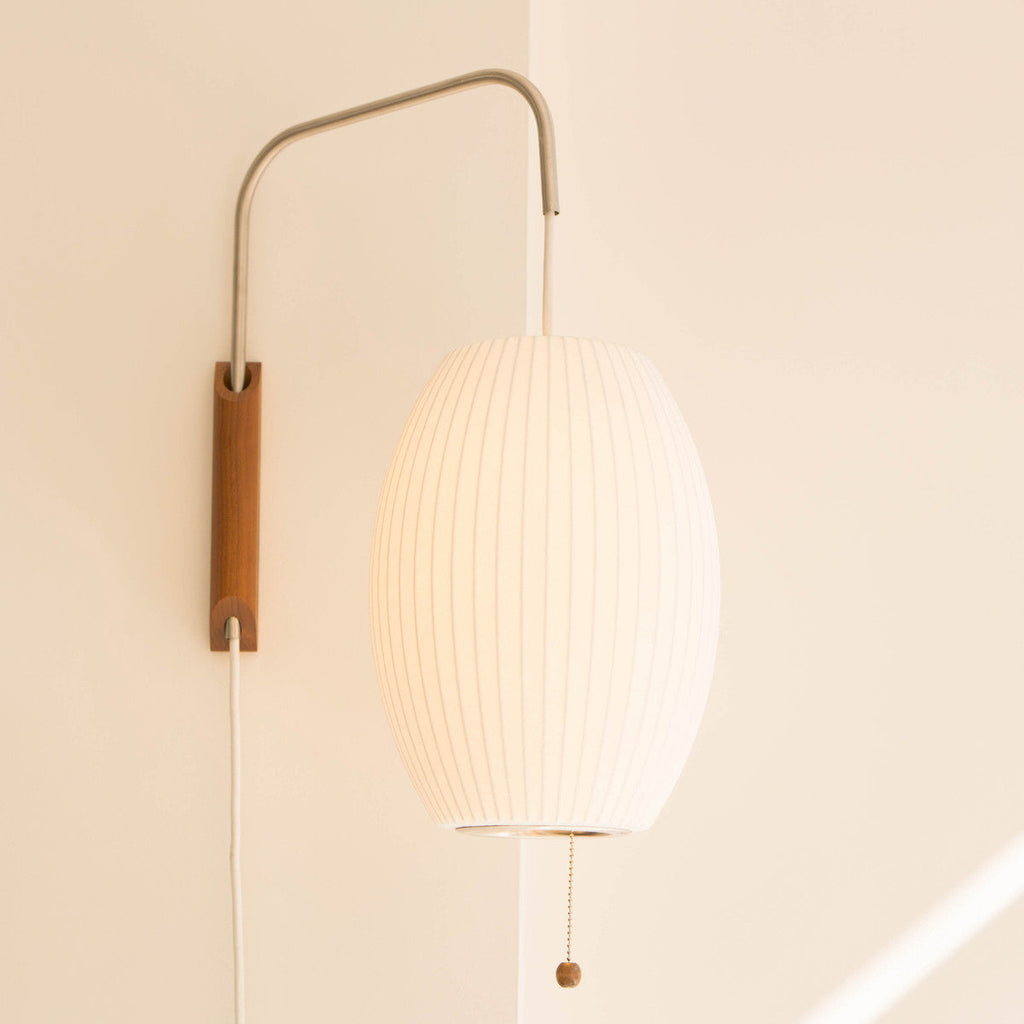 Mid-Century Plug-In Wall Light with Ribbed Shade and Wooden Backplate