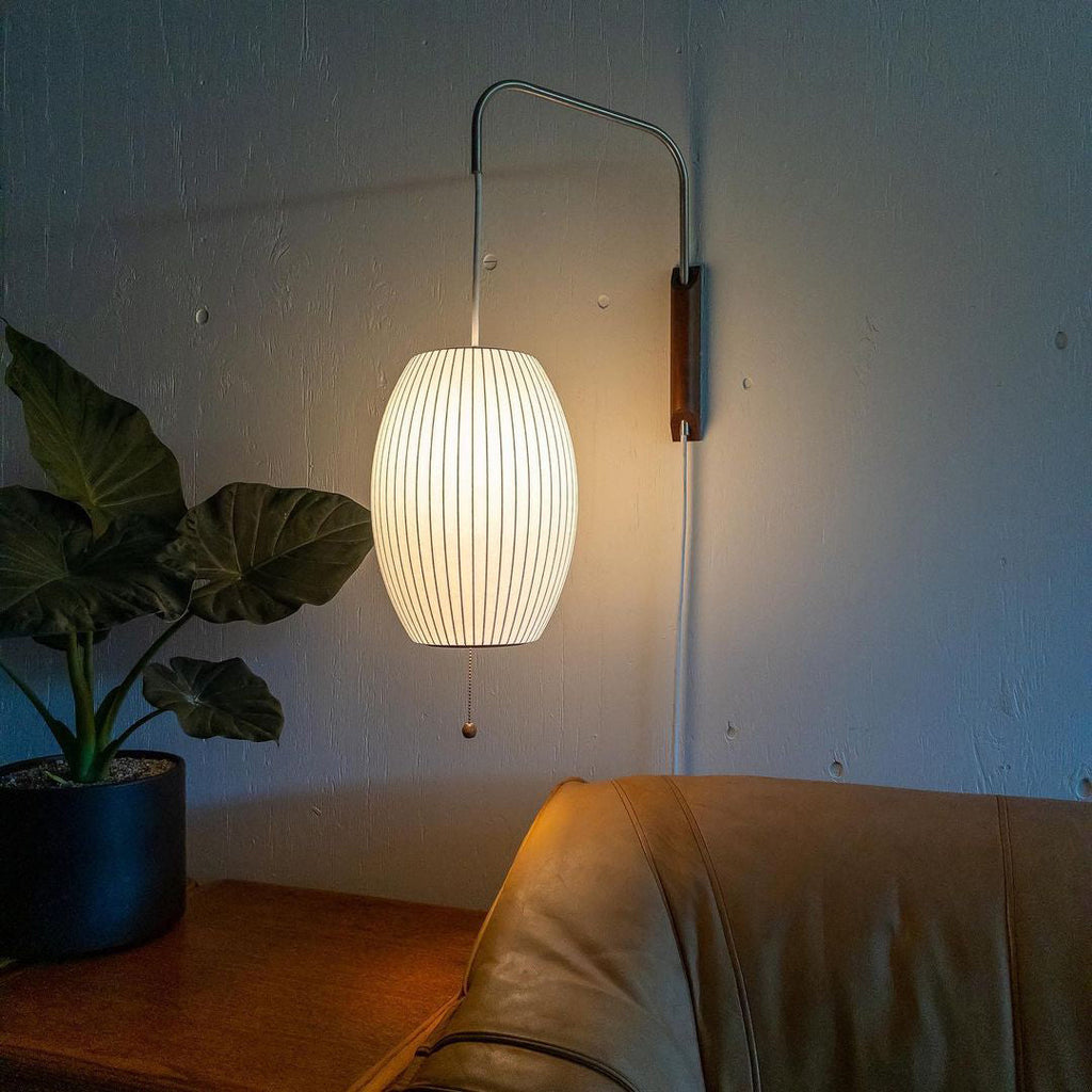 Mid-Century Plug-In Wall Light with Ribbed Shade and Wooden Backplate