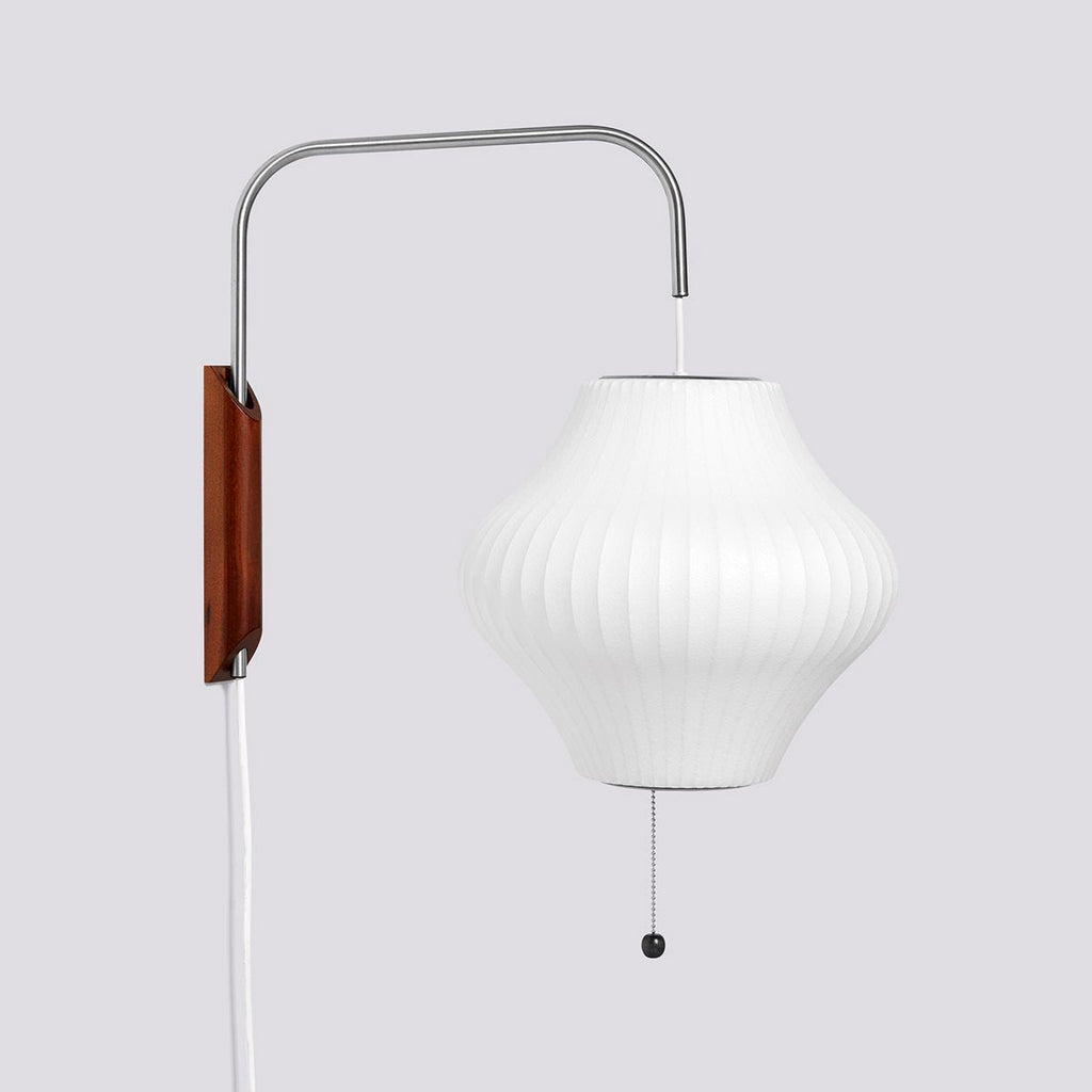 Mid-Century Plug-In Wall Light with Ribbed Shade and Wooden Backplate
