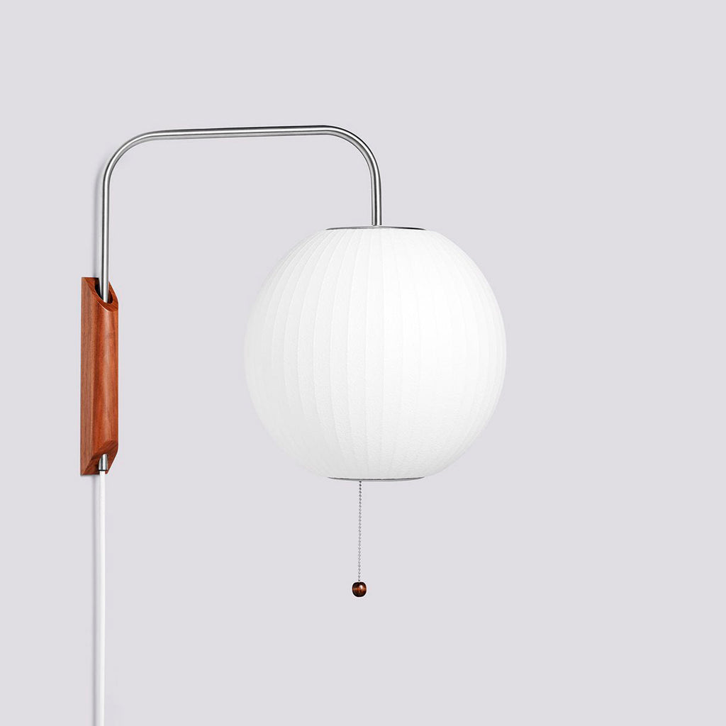 Mid-Century Plug-In Wall Light with Ribbed Shade and Wooden Backplate