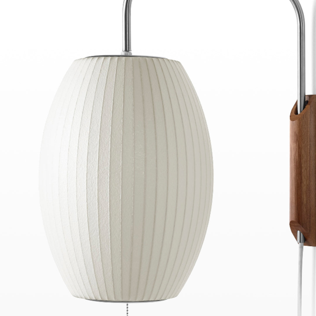 Mid-Century Plug-In Wall Light with Ribbed Shade and Wooden Backplate