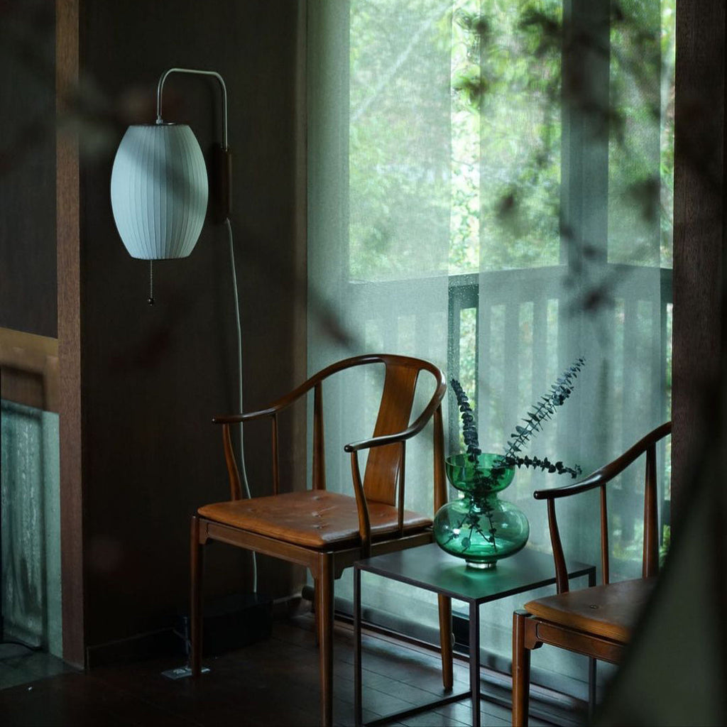 Mid-Century Plug-In Wall Light with Ribbed Shade and Wooden Backplate