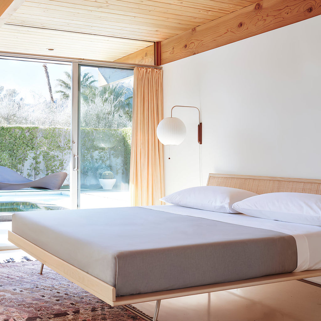 Mid-Century Plug-In Wall Light with Ribbed Shade and Wooden Backplate