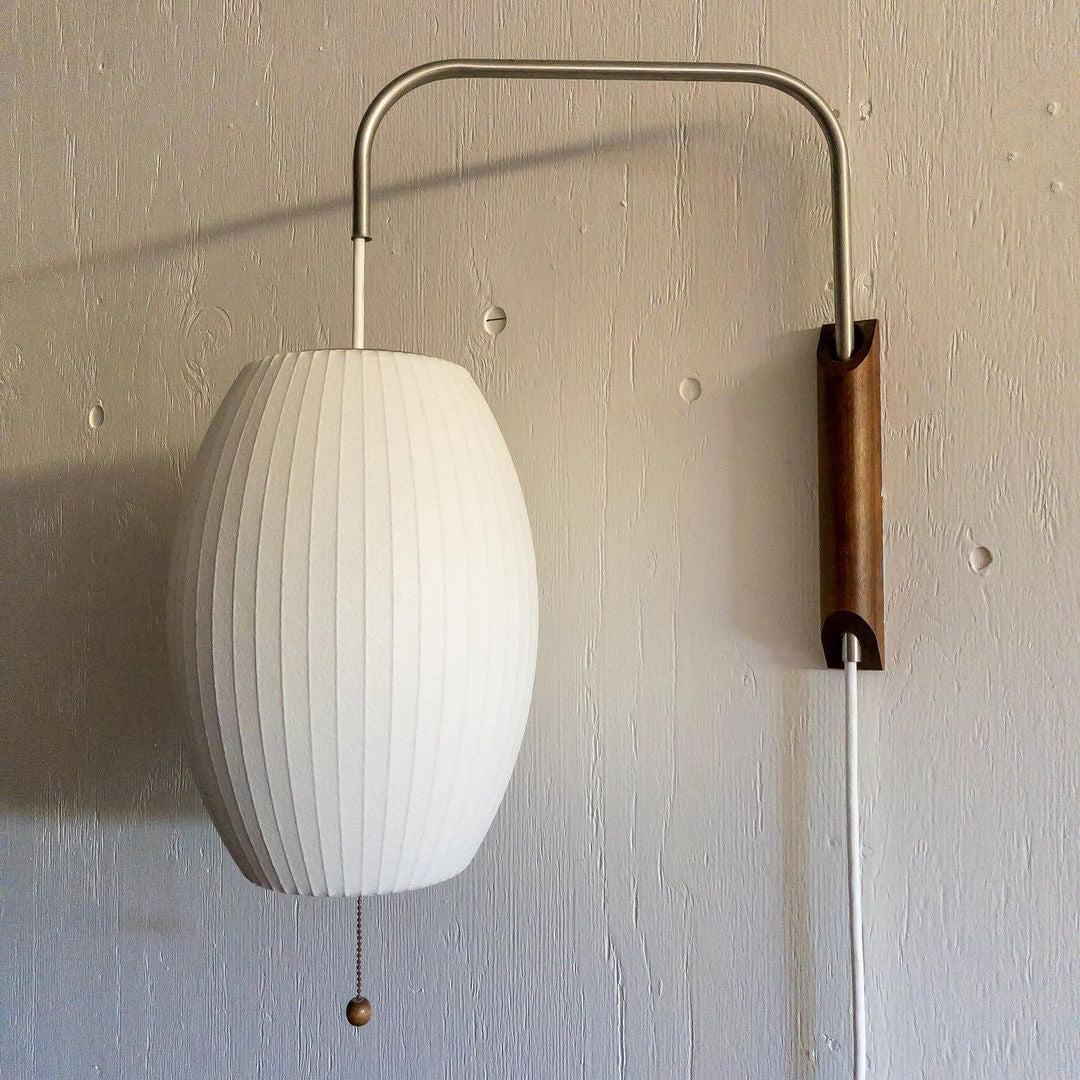 Mid-Century Plug-In Wall Light with Ribbed Shade and Wooden Backplate
