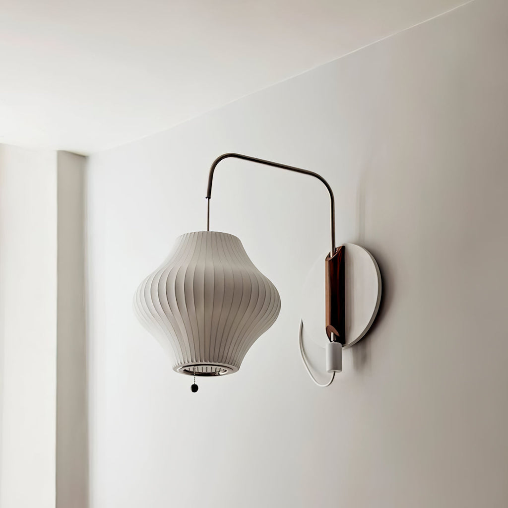 Mid-Century Plug-In Wall Light with Ribbed Shade and Wooden Backplate
