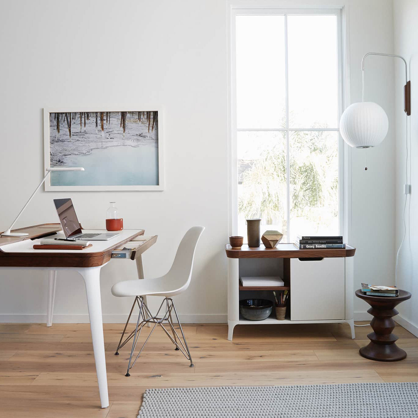 Mid-Century Plug-In Wall Light with Ribbed Shade and Wooden Backplate