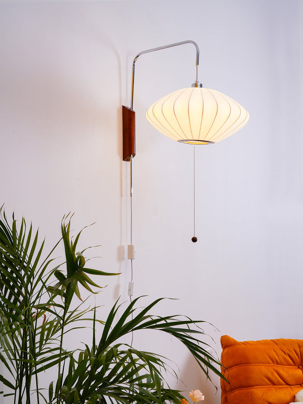 Mid-Century Plug-In Wall Light with Ribbed Shade and Wooden Backplate