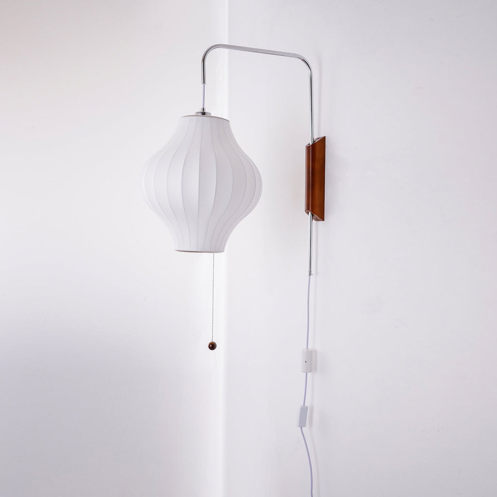 Mid-Century Plug-In Wall Light with Ribbed Shade and Wooden Backplate