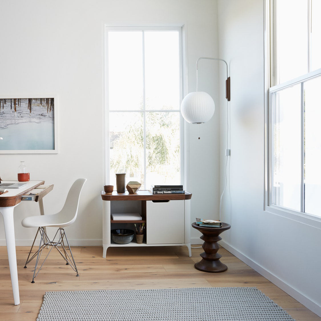 Mid-Century Plug-In Wall Light with Ribbed Shade and Wooden Backplate