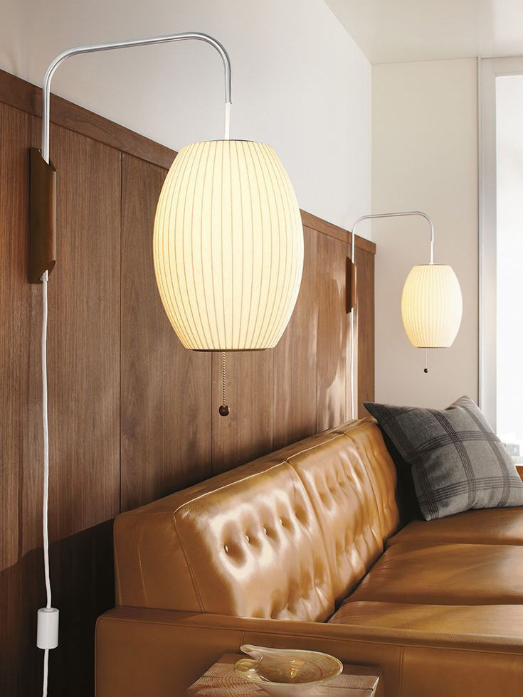 Mid-Century Plug-In Wall Light with Ribbed Shade and Wooden Backplate