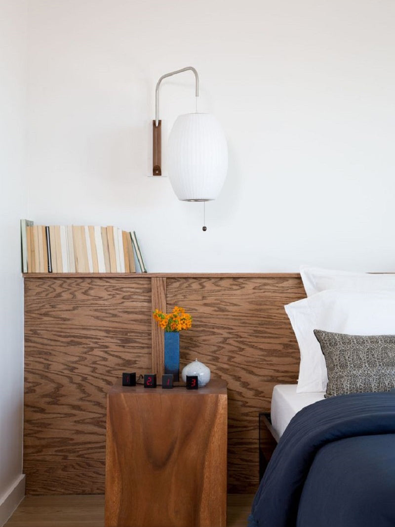 Mid-Century Plug-In Wall Light with Ribbed Shade and Wooden Backplate