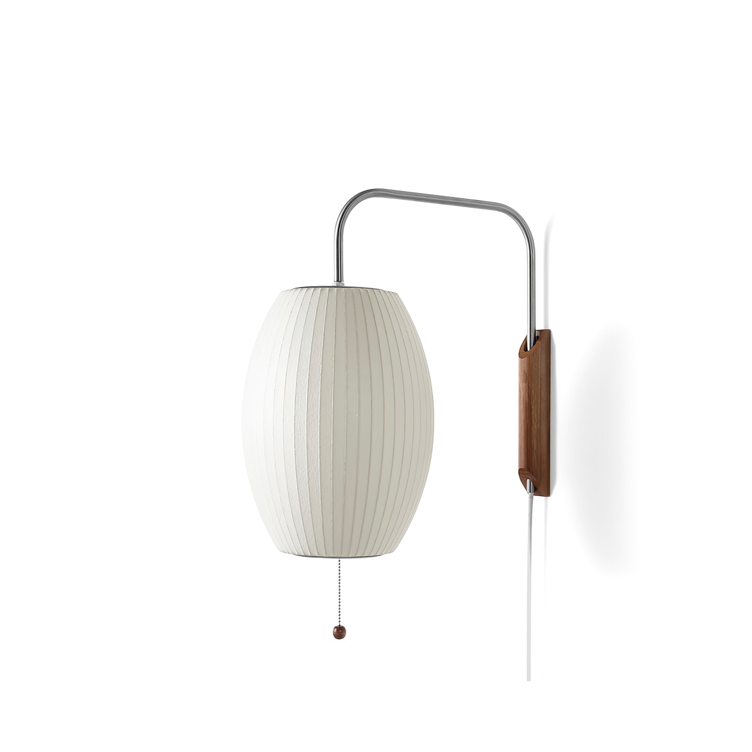 Mid-Century Plug-In Wall Light with Ribbed Shade and Wooden Backplate