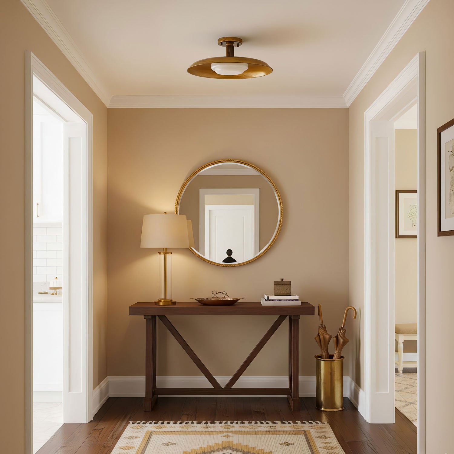 Oscar Flush Mount Ceiling Light in Antique Gold or Nickel with Opal Glass Diffuser