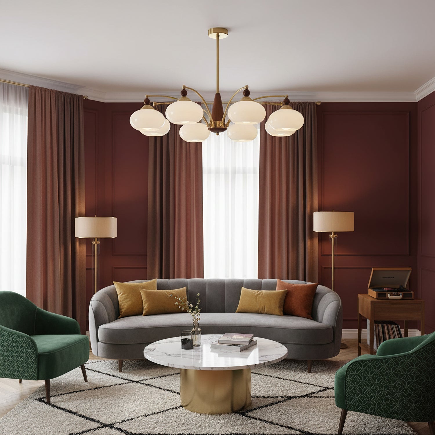 Calliope Retro Chandelier with Amber Glass Shades and Brass Frame