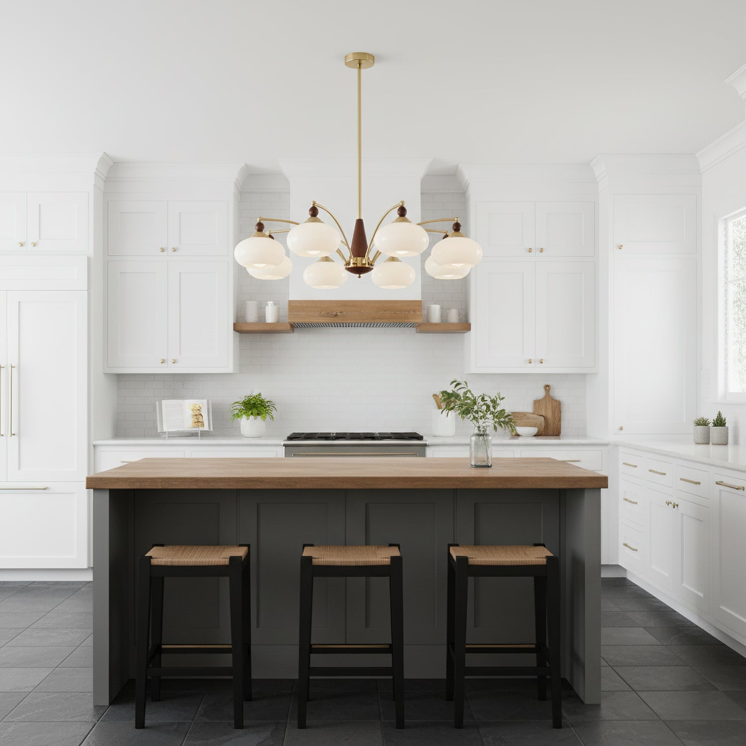 Calliope Retro Chandelier with Amber Glass Shades and Brass Frame