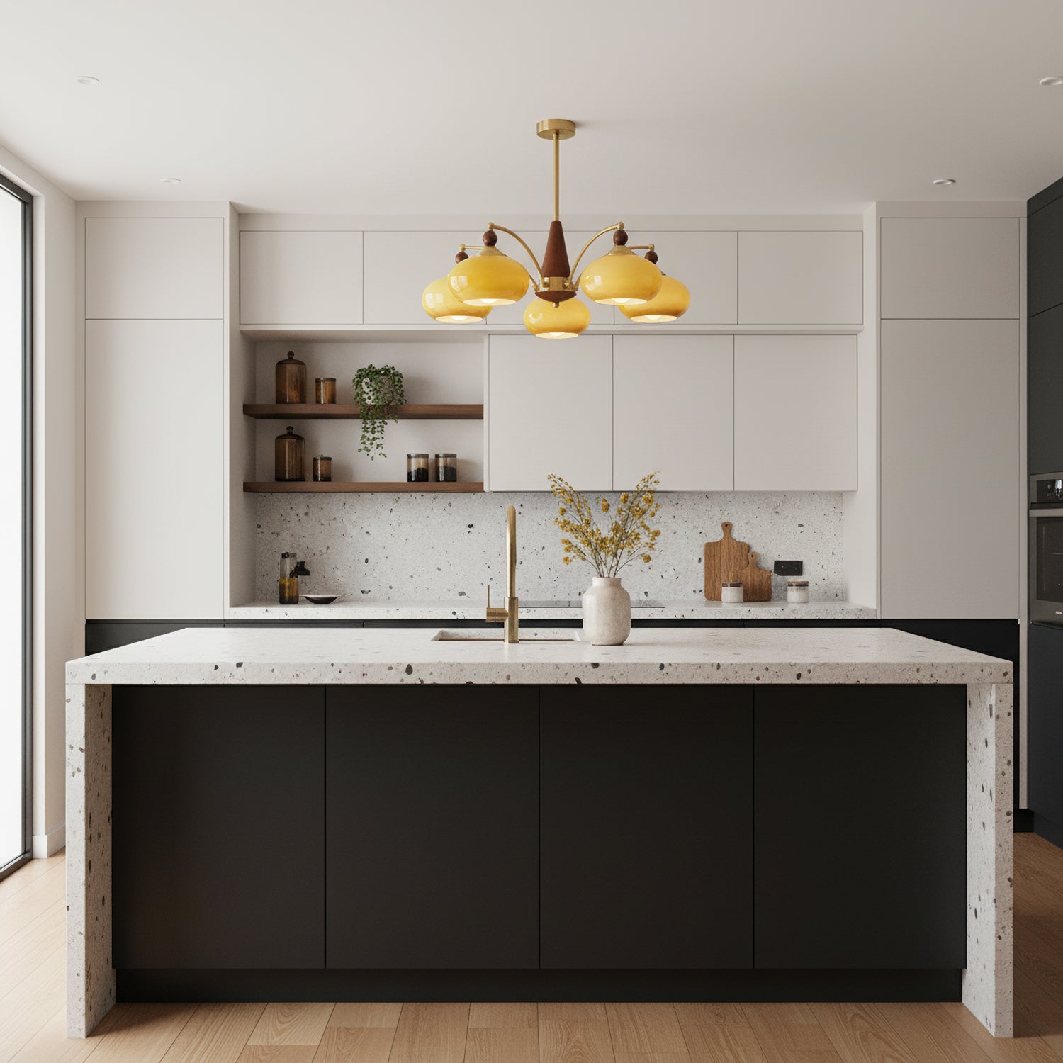 Calliope Retro Chandelier with Amber Glass Shades and Brass Frame