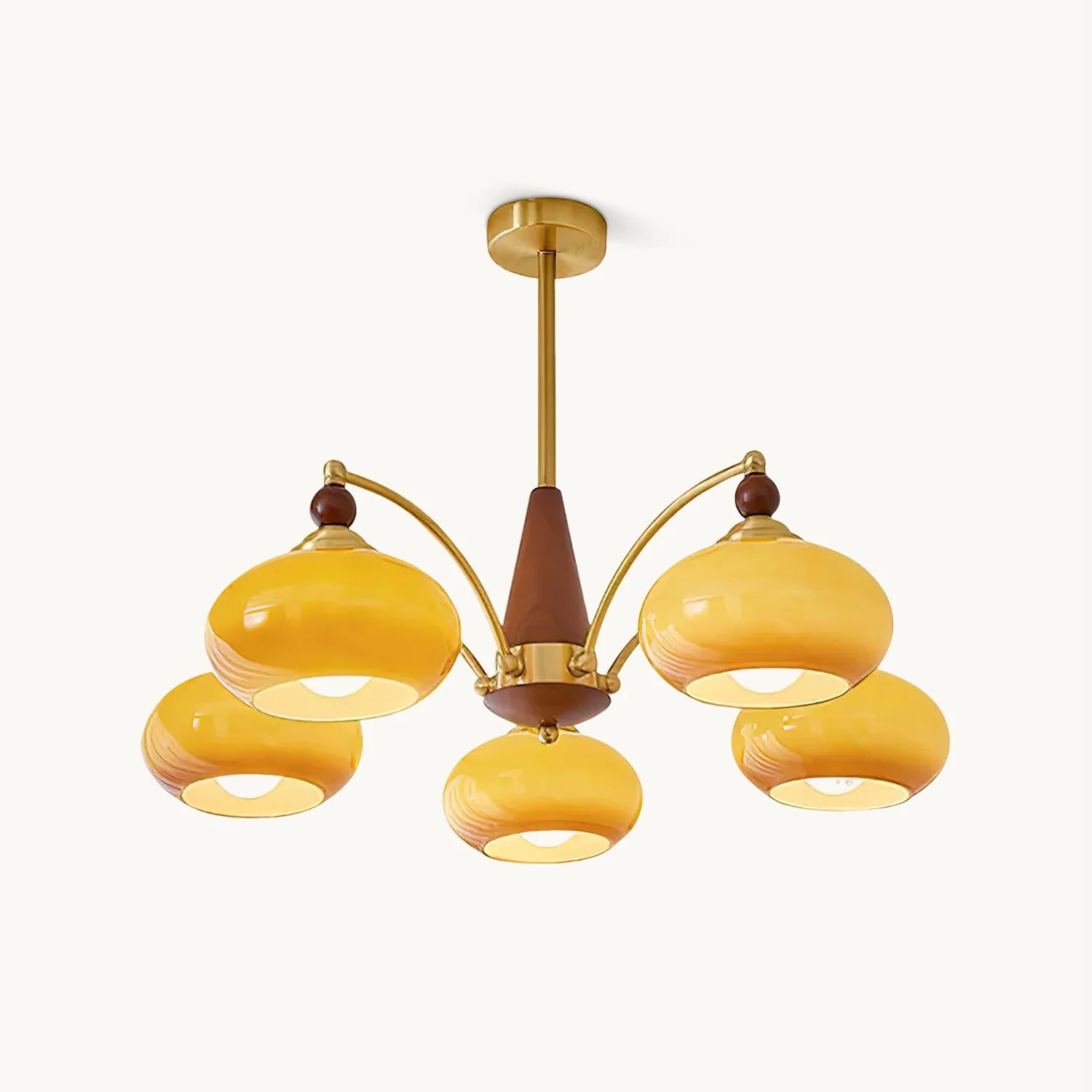 Calliope Retro Chandelier with Amber Glass Shades and Brass Frame