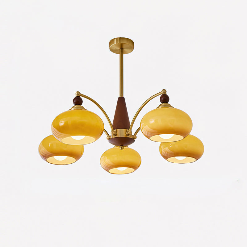 Calliope Retro Chandelier with Amber Glass Shades and Brass Frame