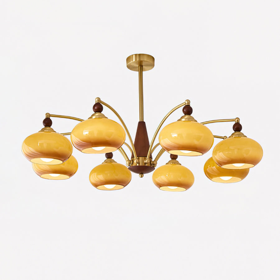 Calliope Retro Chandelier with Amber Glass Shades and Brass Frame