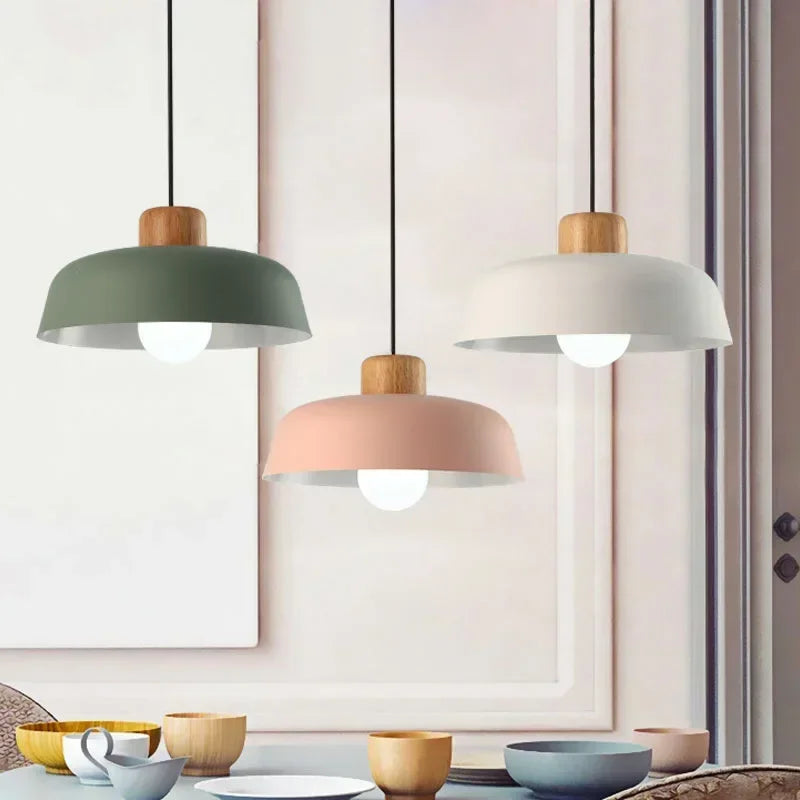 Nordic Minimalist Dome Pendant Light – Metal Hanging Lamp with Wood Detail