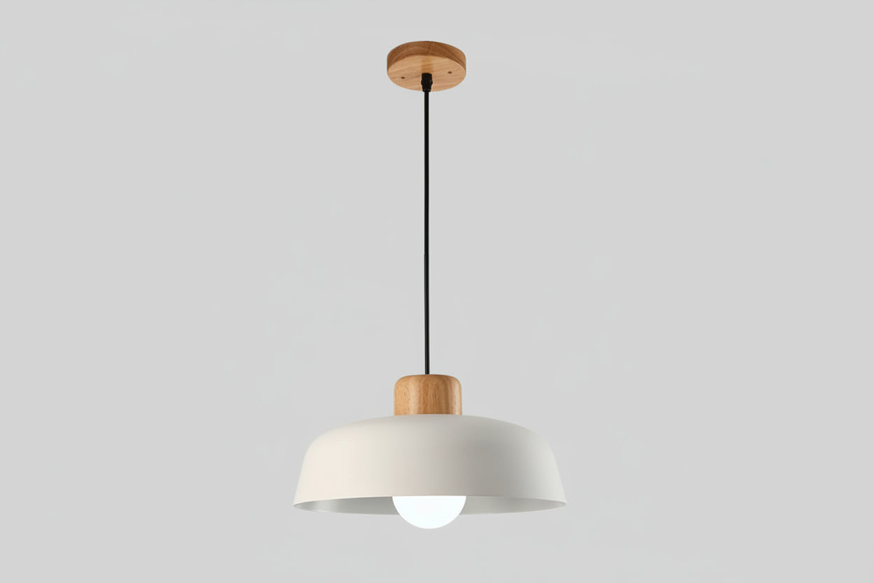 Nordic Minimalist Dome Pendant Light – Metal Hanging Lamp with Wood Detail