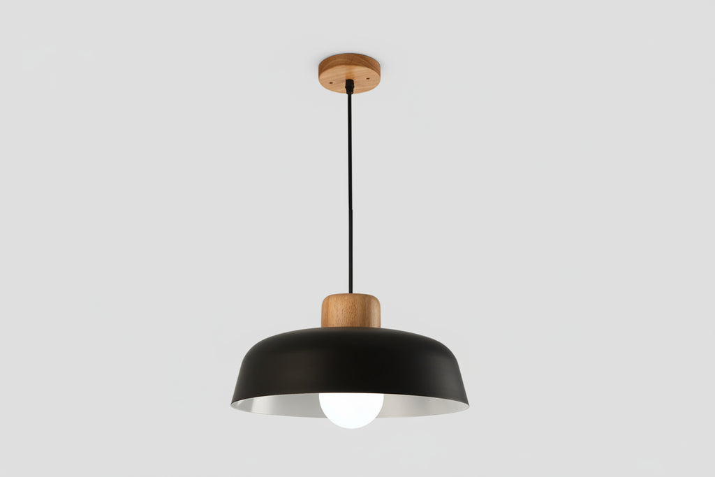 Nordic Minimalist Dome Pendant Light – Metal Hanging Lamp with Wood Detail