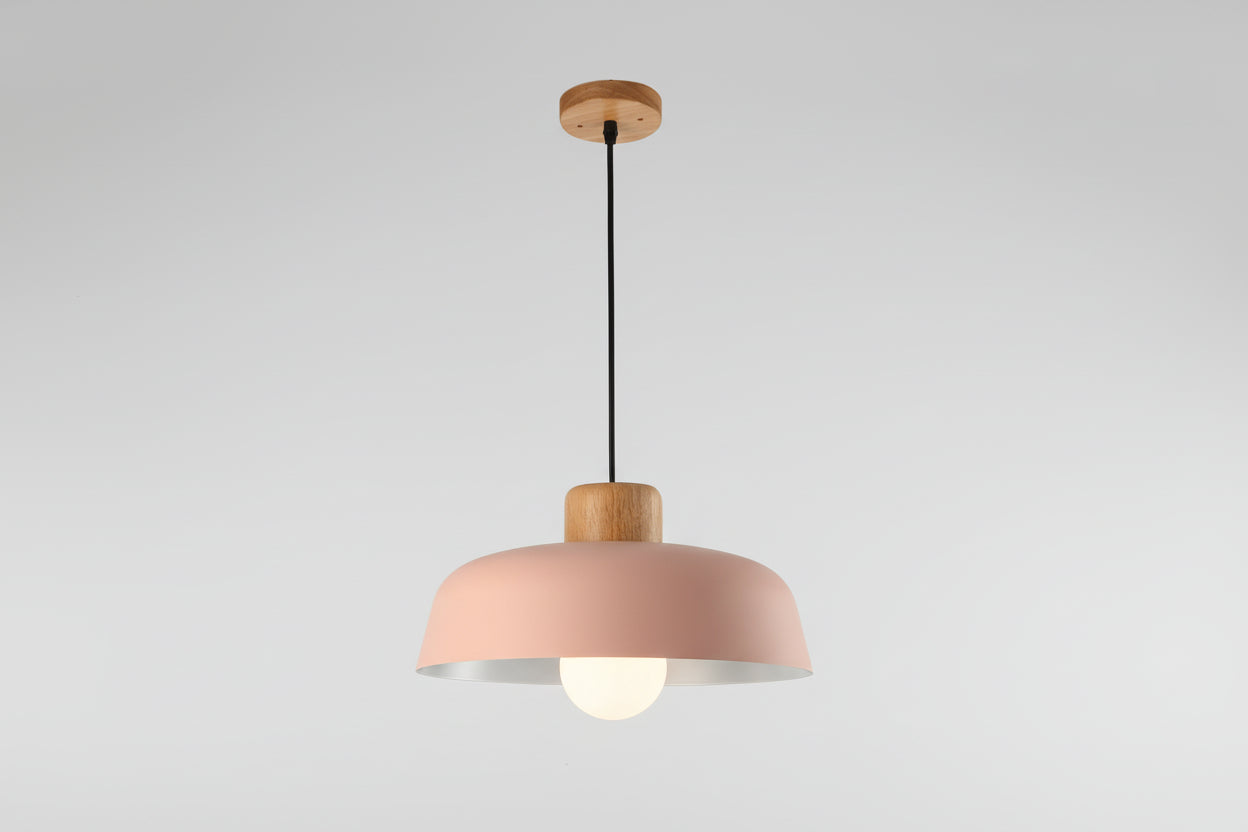 Nordic Minimalist Dome Pendant Light – Metal Hanging Lamp with Wood Detail