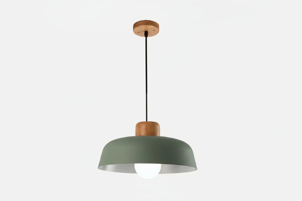 Nordic Minimalist Dome Pendant Light – Metal Hanging Lamp with Wood Detail