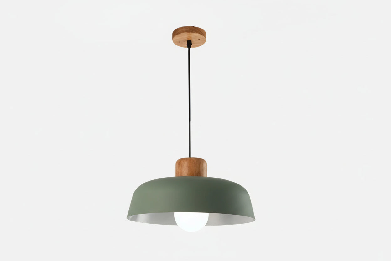 Nordic Minimalist Dome Pendant Light – Metal Hanging Lamp with Wood Detail