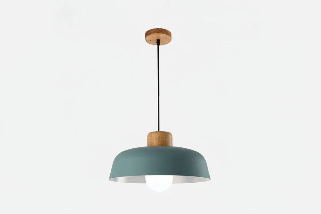 Nordic Minimalist Dome Pendant Light – Metal Hanging Lamp with Wood Detail