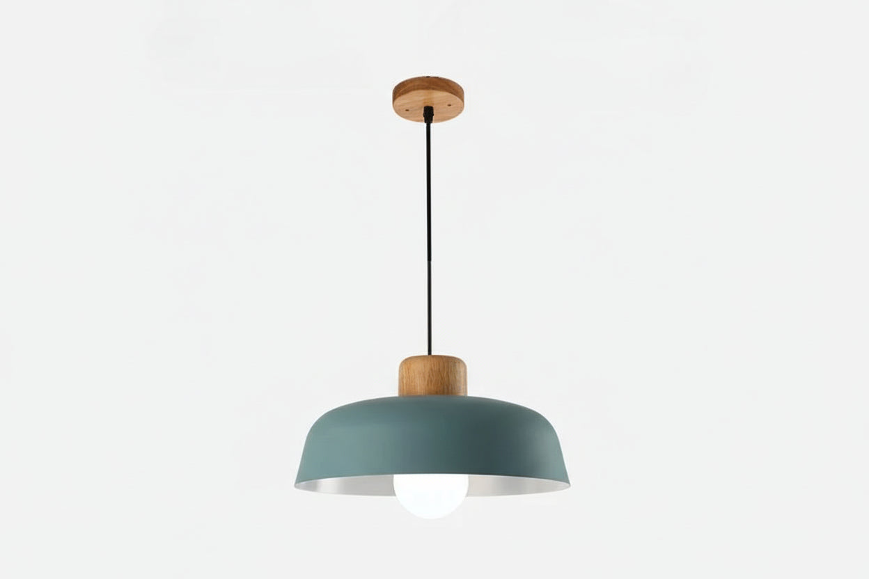 Nordic Minimalist Dome Pendant Light – Metal Hanging Lamp with Wood Detail
