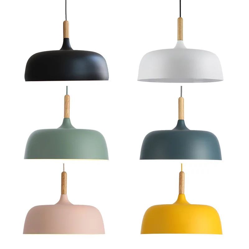 Modern Nordic Dome Pendant Light – Metal Hanging Lamp with Wood Accent