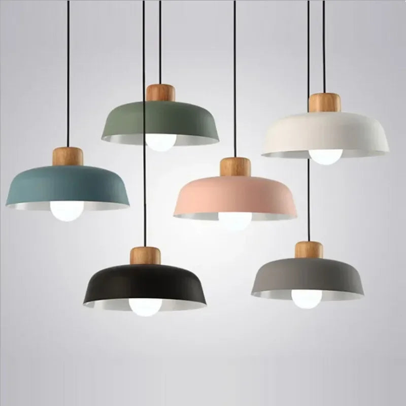 Nordic Minimalist Dome Pendant Light – Metal Hanging Lamp with Wood Detail